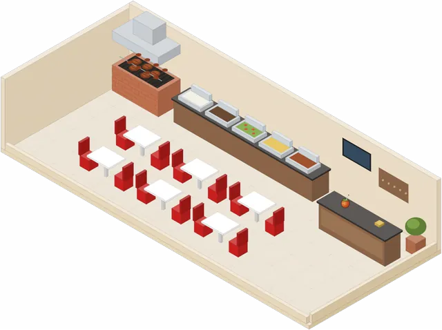 Ilustração do térreo: churrasqueira, buffet, mesas e recepção