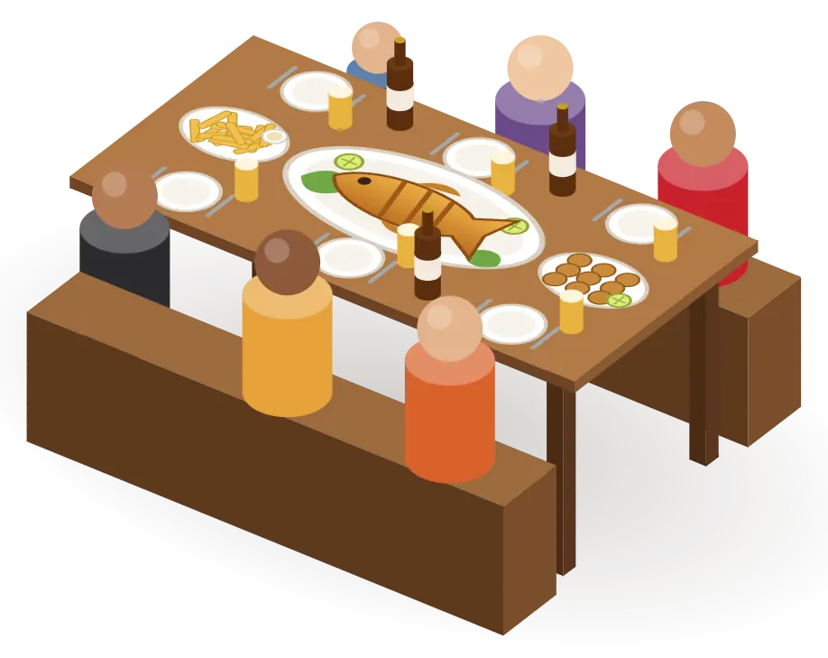 A mesa com famílias e amigos, cerveja gelada, porções e o peixe no centro