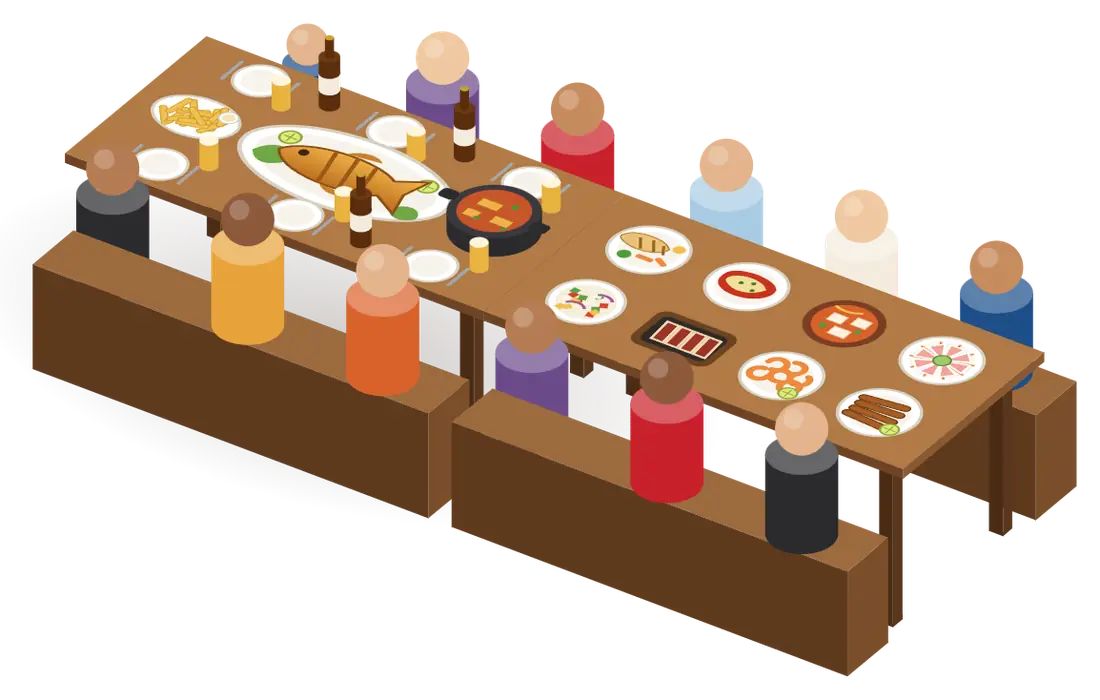 A mesa emendada com os pratos novos do cardápio